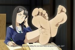 arched_soles barefoot eizouken_ni_wa_te_wo_dasu_na! english_text feet feet_towards_viewer female foot_fetish foot_focus kiryu-sketchbook phone pov_feet sayaka_kanamori sitting_on_chair soles solo text toes