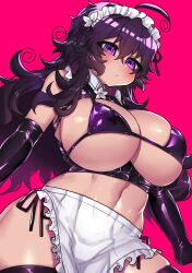 1girls 2022 ahoge blush breasts crawling_dreams female female_only hips huge_breasts long_hair looking_at_viewer maid maid_bikini maid_headdress messy_hair nyarla_(crawling_dreams) osiimi purple_background purple_eyes purple_hair side_tie_bikini simple_background slim_waist thick_thighs thighhighs thighs very_long_hair wide_hips