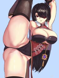 1girls absurd_res armpits ass beidou_(genshin_impact) black_hair breasts cameltoe capelet cleavage eyepatch flexible gem genshin_impact highres large_breasts loooyd makeup red_eyes solo splits standing standing_on_one_leg standing_split thighs