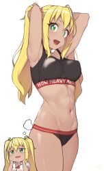 1girls :d absurdres armpits arms_behind_head arms_up bad_id bad_twitter_id bare_arms bare_shoulders blonde_hair blush bow bowtie breasts cloba collared_shirt color colored copyright_name covered_nipples cowboy_shot dark-skinned_female dark_skin dreaming dumbbell_nan_kilo_moteru? female female_only flesh_fang green_eyes groin gyaru hands_on_own_cheeks hands_on_own_face highres human human_only inactive_account large_breasts long_hair looking_at_viewer mouth_open navel oerba_yun_fang only_female open_mouth ponytails sakura_hibiki_(dumbbell_nan_kilo_moteru?) shirt simple_background skin_fang smile solid_color_background solo_female solo_focus sports_bra stomach sweat tan_skin tanned tanned_female tanned_girl tanned_skin thighs tied_hair twintails white_background white_shirt yellow_hair