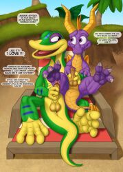 2020s 2022 absurd_res activision anthro anus balls beach chair crossover dialogue digital_media_(artwork) dracovar_valeford dragon duo embrace english_text feet feral foreskin furniture gecko genitals gex_(series) gex_the_gecko glans glistening glistening_genitalia glistening_penis grin hi_res holding_penis horn hug lizard looking_at_another lying male male/male male_only masturbation mutual_masturbation nude on_back outside paws penis plant reptile retracted_foreskin scalie seaside smile spread_legs spread_toes spreading spyro spyro_the_dragon text tight_foreskin toes tree video_games wings zoophilia