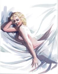 blonde_hair breasts breasts_out celebrity female female_focus female_only hand_on_head looking_at_viewer lying_on_side marilyn_monroe nipples original original_artwork retro_artstyle_(western) side_view sideboob steve_rude topless topless_female