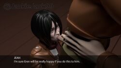 1girls 3d ahe_gao attack_on_titan black_eyes black_hair cheating eren_jaeger eye_contact fellatio hands-free hidden hiding interracial jackiejack99 jean_kirstein jeankasa kneeling mikasa_ackerman netorare ntr oral seductive_eyes seductive_mouth shingeki_no_kyojin