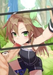 1boy blush brown_hair choker eyebrows_visible_through_hair fellatio female hair_between_eyes hair_ornament hairband highres if_(neptunia) leaf_hair_ornament neptunia_(series) okitaima oral penis squatting