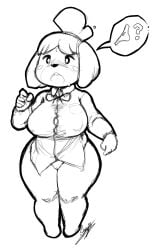 2018 alternate_breast_size animal_crossing anthro big_nipples bottomless chubby huge_breasts isabelle_(animal_crossing) monochrome nintendo nipple_bulge no_panties pussy starykrow tagme thick_thighs thighs white_background wide_hips