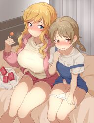 1futa 1girls big_breasts blush futa_with_female futanari genmon idolmaster imminent_sex lolipop morikubo_nono on_bed ootsuki_yui pants_down small_penis