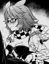 1boy 1girls arknights bar_censor black_and_white blush blushing breast_squeeze breasts censored checkered_clothes checkered_scarf cleavage cleavage_cutout clothed clothing clothing_cutout cum cum_on_body cum_on_breasts deepcolor_(arknights) dress female glasses grabbing greyscale heavy_breathing highres jacket medium_breasts monochrome open_clothes open_jacket open_mouth paizuri perpendicular_paizuri scarf semi-rimless_eyewear solo_focus straight twitter_username under-rim_eyewear upper_body yom_(ymayma00ss)