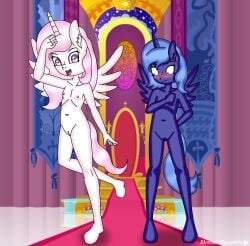 absurd_res alicorn anthro blossomblaze duo equid equine fan_character female female/female friendship_is_magic genitals hasbro hi_res horn horse humanoid mammal my_little_pony nipples pony pose princess_celestia_(mlp) princess_luna_(mlp) pussy spread_legs spreading wings