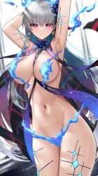 armpits arms_behind_head arms_up bangs bare_shoulders blue_fire blue_hair blush body_markings bracelet breasts earrings fate/grand_order fate_(series) faton female fire flower hair_flower hair_ornament hair_ribbon highres jewelry kama_(fate) kama_(fate/grand_order) kama_(swimsuit_avenger)_(fate) kama_(swimsuit_avenger)_(third_ascension)_(fate) large_breasts long_hair looking_at_viewer lotus multicolored_hair navel red_eyes revealing_clothes ribbon silver_hair smile solo star_(symbol) star_earrings thighs two-tone_hair