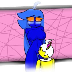 blue_hair blue_skin closed_eyes cunnilingus davey_(pr0l3t10n) flushed geometry_dash licking robot_girl trianna_(yellolight) white_hair yellolight yellow_body yuri