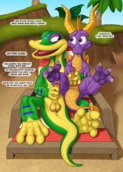 2020s 2022 absurd_res activision anthro anus balls beach chair crossover dialogue digital_media_(artwork) dracovar_valeford dragon duo embrace english_text feet feral foreskin furniture gecko genitals gex_(series) gex_the_gecko glans glistening glistening_genitalia glistening_penis grin hi_res holding_penis horn hug lizard looking_at_another lying male male/male male_only masturbation mutual_masturbation nude on_back outside paws penis plant reptile retracted_foreskin scalie seaside seductive smile spread_legs spread_toes spreading spyro spyro_the_dragon text toes tree video_games wings zoophilia