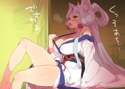 animal_ears blush breasts cleavage female fox_ears japanese_clothes kimono large_breasts long_hair petenshi_(dr._vermilion) purple_eyes silver_hair sitting solo sweat thighs tohoku_itako voiceroid