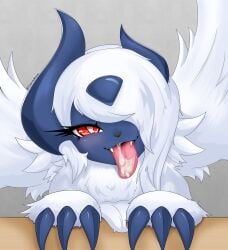 3_fingers absol absurd_res black_nose blush bodily_fluids claws cum cum_in_mouth cum_on_tongue cute_fangs eyelashes female feral finger_claws fingers fur genital_fluids grey_body hair hair_over_eye half-closed_eyes hi_res implied_oral kemono mammal mega_absol mega_evolution narrowed_eyes naughty_face nintendo one_eye_obstructed oral pokémon_(species) pokemon pokemon_(species) pokemon_only red_eyes solo tongue tongue_out tuberosekotoki video_games white_body white_fur white_hair wings