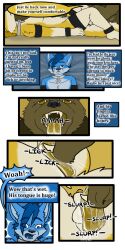 1:2 2022 9:18 animal_genitalia anthro biped canid cobalt_(tatsuchan18) collar comic detailed_background dialogue duo english_text fur genitals hair hi_res lying male mammal on_back open_mouth sheath speech_bubble standing tatsuchan18 text ursid