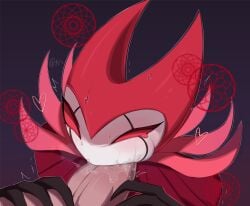 <3 18_(artist) 2boys ambiguous_gender blowjob blush claws clothed cum_in_mouth fellatio gay hollow_knight horns human human_penetrating insect light-skinned_male nightmare_king_grimm offscreen_character oral penis red_body red_eyes saliva saliva_on_penis simple_background sweat tears white_face yaoi