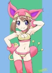 1girls bell_collar brown_hair cat_bell cosplay game_freak may_(pokemon) midriff nintendo paw_gloves pokemon pokemon_(cosplay) pokemon_rse purple_eyes skitty_(cosplay) solo solo_female yanman