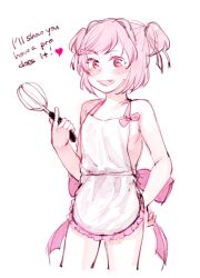 1girls apron apron_only big_bow bow breakfastb breakfastbooty chadolbaegi doki_doki_literature_club english_text fang female female_only heart natsuki_(doki_doki_literature_club) oerba_yun_fang pink_eyes pink_hair solo text whisk whisker