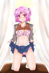 1girls blue_skirt blushing bra button_down_shirt doki_doki_literature_club female female_only lifting_skirt matching_hair/eyes matching_underwear mi_tarou0412 natsuki_(doki_doki_literature_club) panties pink_eyes pink_hair skirt skirt_lift solo strawberry_bra strawberry_panties strawberry_print unbuttoned unbuttoned_shirt