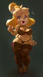 animal_crossing anthro breasts chubby erect_nipples flo_(artist) gumdrops_(artist) isabelle_(animal_crossing) lingerie nintendo nipples source_request stockings tagme thong wide_hips year_request