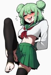 5_toes ai_generated arms_behind_back black_thighhighs blush breasts chrissy_(doki_doki_crafting_club) cowboy_shot creeper_(minecraft) crop_top cropped_legs double_bun drooling female flying_sweatdrops foot_fetish foot_focus green_hair green_sailor_collar green_skirt hair_bun half-closed_eyes long_sleeves looking_at_viewer medium_breasts medium_hair midriff navel neckerchief nose_blush pleated_skirt red_eyes red_neckerchief sailor_collar saliva saliva_drip school_uniform serafuku sharp_toenails shirt simple_background skirt smile solo thick_eyebrows thighhighs toiu_(youtuber) tongue_out underboob white_background white_shirt