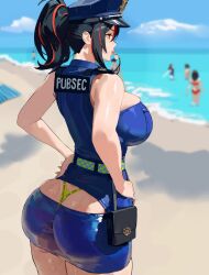 bare_shoulders beach black_hair female hat hintobento huge_ass large_breasts policewoman ponytail red_eyes red_hair thong two-tone_hair whale_tail zenless_zone_zero zhu_yuan