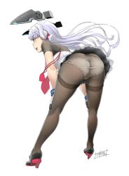 ass bent_over female female_only hair_ribbon hands_on_own_knees kantai_collection long_hair minazuki_tsuyuha murakumo_(kantai_collection) panties panties_under_pantyhose pantyhose pantyshot ribbon solo solo_female standing thighband_pantyhose underwear white_background white_hair yellow_eyes