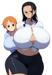 ai_generated artist_request black_hair buttoned_shirt cleavage female female_only nami nami_(one_piece) nico_robin office office_clothing office_lady one_piece orange_hair pre-timeskip skin_tight skirt smiling wide_hips