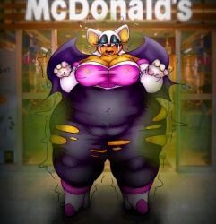 anthro bat bodily_fluids clothing embarrassed fart fart_fetish female gassy hi_res mammal mcdonald's messy_clothing messy_eater obese obese_female overweight overweight_female paytonpaytonpay rouge_the_bat rumbling_stomach running_makeup sega shaking solo sonic_the_hedgehog_(series) tears torn_clothing