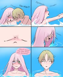 1girl1boy blonde_hair marima666_(artist) pink_hair water