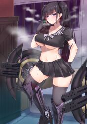 armored_boots bangs black_gloves black_hair black_legwear black_shirt black_skirt blue_eyes blush boots breasts candy collarbone earrings female food girls'_frontline gloves highres indoors jewelry knee_boots large_breasts lollipop long_hair looking_at_viewer miniskirt navel ouroboros_(girls'_frontline) parted_lips pleated_skirt popoman sangvis_ferri school_uniform serafuku shirt short_sleeves skindentation skirt standing steam thighhighs thighs twintails underboob