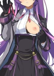 blush bra_pull eiyuu_densetsu eyes_out_of_frame female_focus flashing kuro_no_kiseki kuro_no_kiseki_ii large_breasts long_hair morisobo one_breast_out open_shirt purple_hair renne_(eiyuu_densetsu) white_background