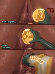 1girls close-up dialogue egg_insertion fat female gloves labia marina_(splatoon) nintendo splatoon splatoon_2 steely_bird sweat sweaty text vagina vaginal_insertion vaginal_penetration