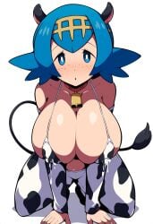 1girls ai_generated all_fours alternate_breast_size big_breasts blue_eyes blue_hair cleavage cow_girl female female_only freckles hair_ornament horny hyper_breasts lactation lana_(pokemon) leaning_forward novelai pokemon solo tail