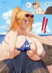 1boy 1girls 2koma alissa_(boobydoody64) american_flag_bikini beach bikini blonde_hair blue_eyes blue_sky blush breasts dark-skinned_male dark_skin erect_penis erection erection_under_clothes huge_breasts light-skinned_female light_skin lulu-chan92 original outdoors ponytail sky sunglasses sunglasses_on_head swimsuit