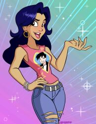 1girls 1milf 2020 2020s artist_name blue_hair blush bracelets brown_eyes dark-skinned_female dark_skin darthguyford denim denim_pants deviantart deviantart_link disney earrings fanart female female_only glistening glitter hand_on_hip hoop_earrings jeans mature_female milf mother open_mouth pants pink_shirt ripped_clothing ripped_pants safe_for_work sfw sleeveless sleeveless_shirt solo standing susan_vandom w.i.t.c.h.