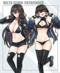 2girls ;d absurdres bare_shoulders belt belted_skirt bikini black_belt black_bikini black_gloves black_jacket black_thighhighs blue_jacket blush boob_window boots breasts bright_pupils brown_hair cleavage cleavage_cutout closed_eyes clothing_cutout collared_jacket commentary counter:side delta_seven_pathfinder diamond_cutout double_inward_v double_v embarrassed_female emblem fingerless_gloves gloves gluteal_fold grey_background grey_eyes groin group_name hair_between_eyes half_gloves half_up_braid halterneck heterochromia highleg highleg_bikini highres honeycomb_(pattern) honeycomb_background jacket joo_shiyoung karin_wong large_breasts leg_up light_frown long_hair long_sleeves looking_at_another looking_at_viewer lowleg lowleg_skirt medium_breasts medium_hair microskirt msto multicolored_eyes multicolored_hair multiple_girls navel one_eye_closed open_clothes open_jacket open_mouth outside_border purple_eyes red_eyes sideways_glance skirt smile stomach streaked_hair swimsuit thighhighs underboob v v-sign victory_pose white_background white_hair white_pupils