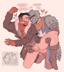 2boys armor bandana crusader_(darkest_dungeon) cum cum_drip cum_dripping cum_dripping_from_penis darkest_dungeon gay heart heart hearts_around_head helmet highwayman_(darkest_dungeon) holding_leg male/male male_only mask masked_male masturbating masturbating_while_penetrating masturbation partially_clothed partially_nude penetration speech_bubble standing standing_sex stroking_penis unwise_boop