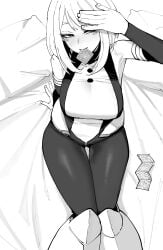 1girls bed big_breasts blush clothed clothing color condom condom_in_mouth female female_focus female_only hi_res large_breasts light-skinned_female light_skin looking_at_viewer my_hero_academia ochako_uraraka on_bed ratatatat74 short_hair solo solo_female superheroine tagme thick_thighs