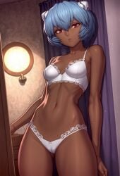 ai_generated ayanami_rei bangs bare_shoulders blue_hair bra breasts cameltoe closed_mouth clothing dark-skinned_female dark_skin female hair_between_eyes headgear indoors lamp lingerie lips looking_at_viewer medium_breasts mole navel neon_genesis_evangelion pantsu red_eyes short_hair small_breasts solo standing stomach thighs underwear underwear_only white_bra white_panties white_underwear