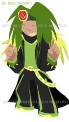 1boy 1man black_and_green closed_eyes closing_eyes clothed green_hair hackpoid jacket long_hair pointing safe_for_work sfw smile smiling standing yellow_feathers