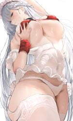 absurdres arm_up azur_lane bare_shoulders belfast_(azur_lane) belfast_(blissful_service)_(azur_lane) blush breasts female highres huge_breasts liaowen looking_at_viewer maid_headdress official_alternate_costume panties parted_lips seductive seductive_look seductive_smile simple_background smile solo thighhighs thighs underboob underwear white_background white_hair white_panties white_thighhighs