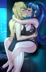 2girls apple_butt applejack_(eg) applejack_(mlp) ass bedroom big_ass big_breasts breasts butt closed_eyes cogbrony commission equestria_girls in_love kissing legs legs_around_waist lesbian_kiss minidress my_little_pony my_little_pony_friendship_is_magic night romantic sonata_dusk sonata_dusk_(eg) yuri