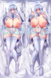 alna_(mu5fal) angel blush breasts censored curvy dakimakura_(medium) female flower full_body garter_belt garter_straps hair_flower hair_ornament halo hands_up highres huge_breasts lactation large_areolae lingerie looking_at_viewer mosaic_censoring navel nipples nude open_mouth original panties panties_around_one_leg projectile_lactation pussy pussy_juice ribbon solo sweat tail tears thighhighs underwear watermark white_hair white_panties white_thighhighs white_wings wide_hips wings