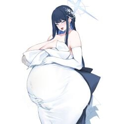 arius_squad_(blue_archive) bare_shoulders big_belly blue_archive blue_eyes blue_hair blue_halo blue_ribbon blush breasts bridal_gauntlets bride cameltoe censored choker cleavage covered_navel covered_nipples dark_areolae dress dress_ribbon elbow_gloves female female gloves hair_ornament halo hands_on_own_stomach heavily_pregnant highres huge_breasts lactation long_hair looking_at_viewer navel no_mask older_female outie_navel penis pregnancy_halo pregnant ribbon saori_(blue_archive) saori_(dress)_(blue_archive) simple_background smile smiling_at_viewer strapless strapless_dress thirty_8ght wedding_dress white_background white_choker white_dress white_gloves white_headwear