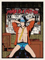 1boy black_hair comic_page conspiracy_theory dc dc_comics devlinferral faceless_male fedora huntress_(dc) label logo_panties male male_only office penis penis_tuck private_investigator property retro_artstyle solo strip_tease stripping the_question tie vic_sage