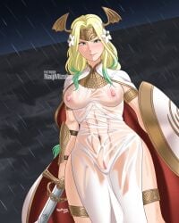 1girls abs embarrassed fire_emblem fire_emblem:_three_houses frown green_eyes green_hair large_breasts muscular muscular_female naijmizuho nintendo nipples partially_clothed pussy rhea_(fire_emblem) see-through see-through_clothing seiros_(fire_emblem) wet wet_clothes