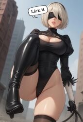 ai_generated alternate_version_at_source android android_girl big_breasts boots demanding female female hypet leg_up low-angle_view nier:_automata shiny shiny_boots shiny_skin short_hair solo standing stockings tagme text text_bubble thick thick_legs thick_thighs thighhighs thighs video_game_character wet wet_body whip yorha_2b