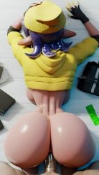 ai_generated anal anal_insertion anal_sex ass bed big_penis blue_hair brown_skin clothing condom condom_on_penis condom_wrapper gloves hat hoodie large_ass large_butt mattress nintendo octoling octoling_girl penetration penis pov splatoon white_skin yellow_clothing yellow_hat yellow_hoodie