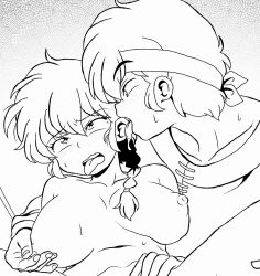 ahe_gao black_and_white clothed_male_nude_female ear_licking nipple_tweak pigtail ranma-chan ranma_1/2 ranma_saotome ryoga_hibiki single_braid