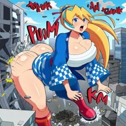 1girls ai_generated ass ass_slam assquake big_ass big_breasts big_butt breasts capcom ciel_(mega_man) city_destruction debris destruction earthquake falling_debris falling_rocks fundoshi fundoshilover101 happi_(clothing) huge_ass huge_breasts huge_butt mega_man_zero sarashi